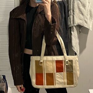 RARE VINTAGE WHITE LEATHER COLOR BLOCK TOTE BAG PURSE HANDBAG MONDRIAN STYLE